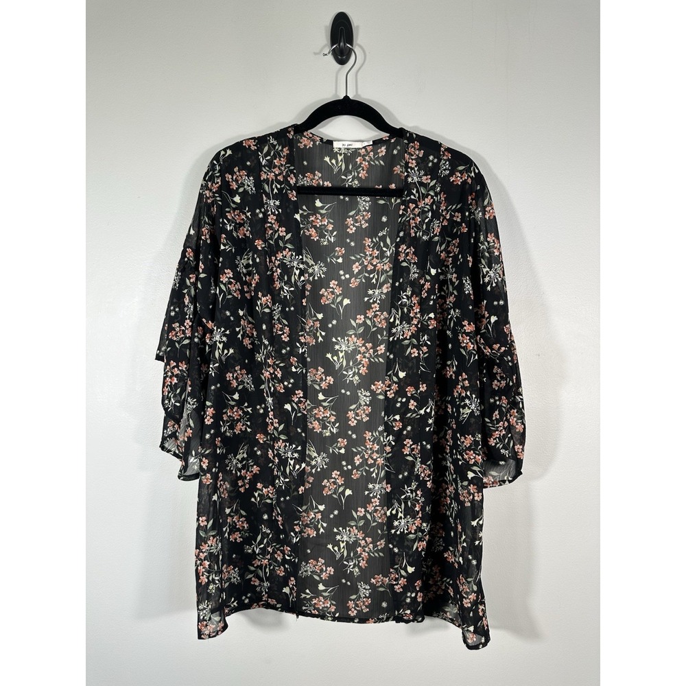 Francescas Mi Ami Kimono Womens Small Black Floral Sheer Cover Up Boho Festival